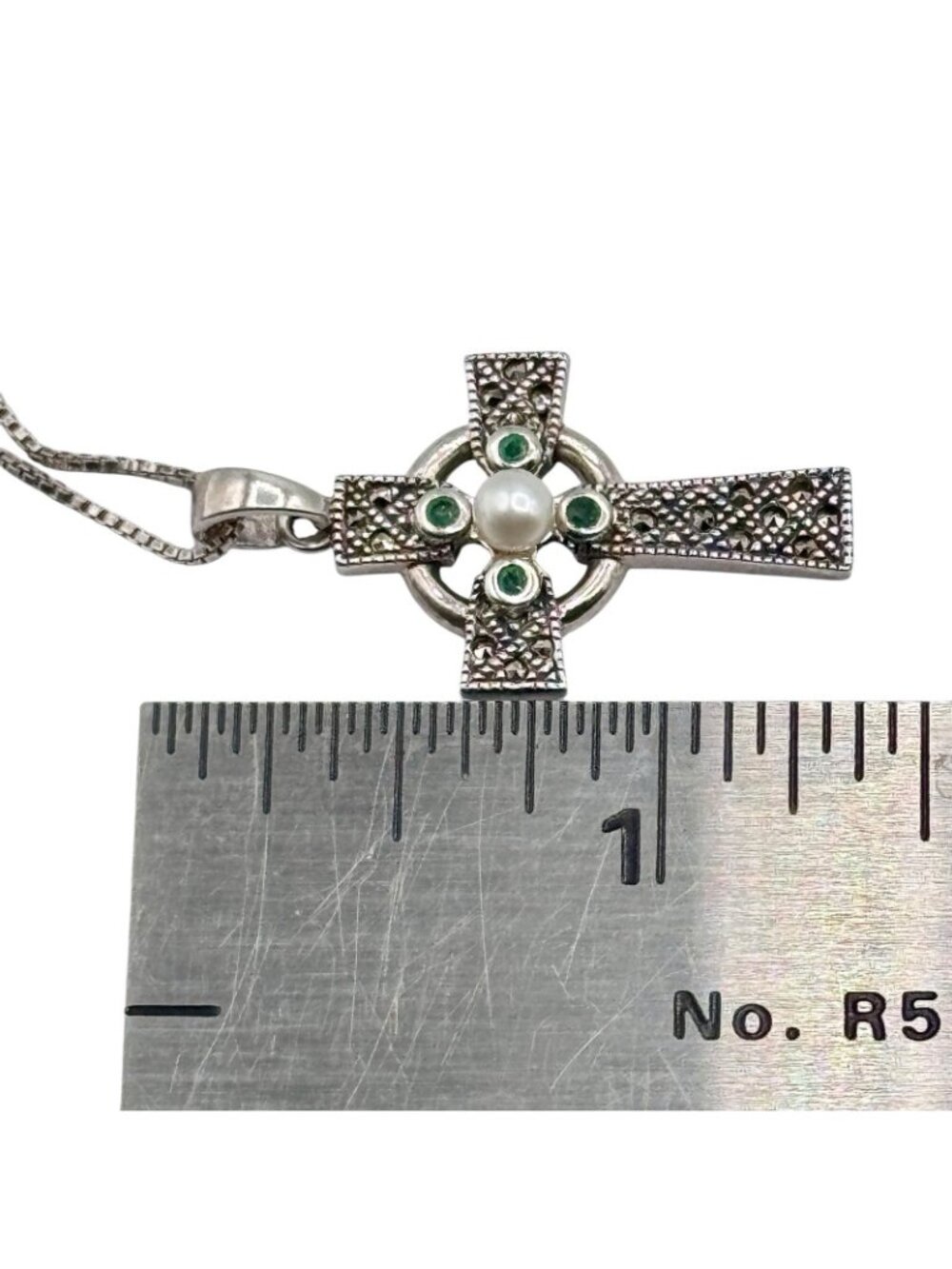 Emerald Sterling Cross Pendant Necklace Marcasites Pearl Center 925 Box Chain - Picture 11 of 14